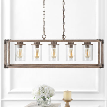 Zeniba 36" Linear Adjustable Iron/Seeded Glass Rustic Farmhouse LED Pendant - JONATHAN Y